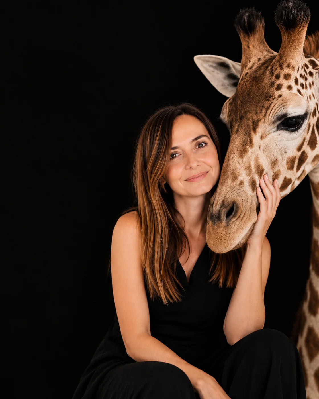 Marian Batle Izquierdo, psicóloga sanitaria y cofundadora de Jirafas, con la mejilla apoyada en una jirafa